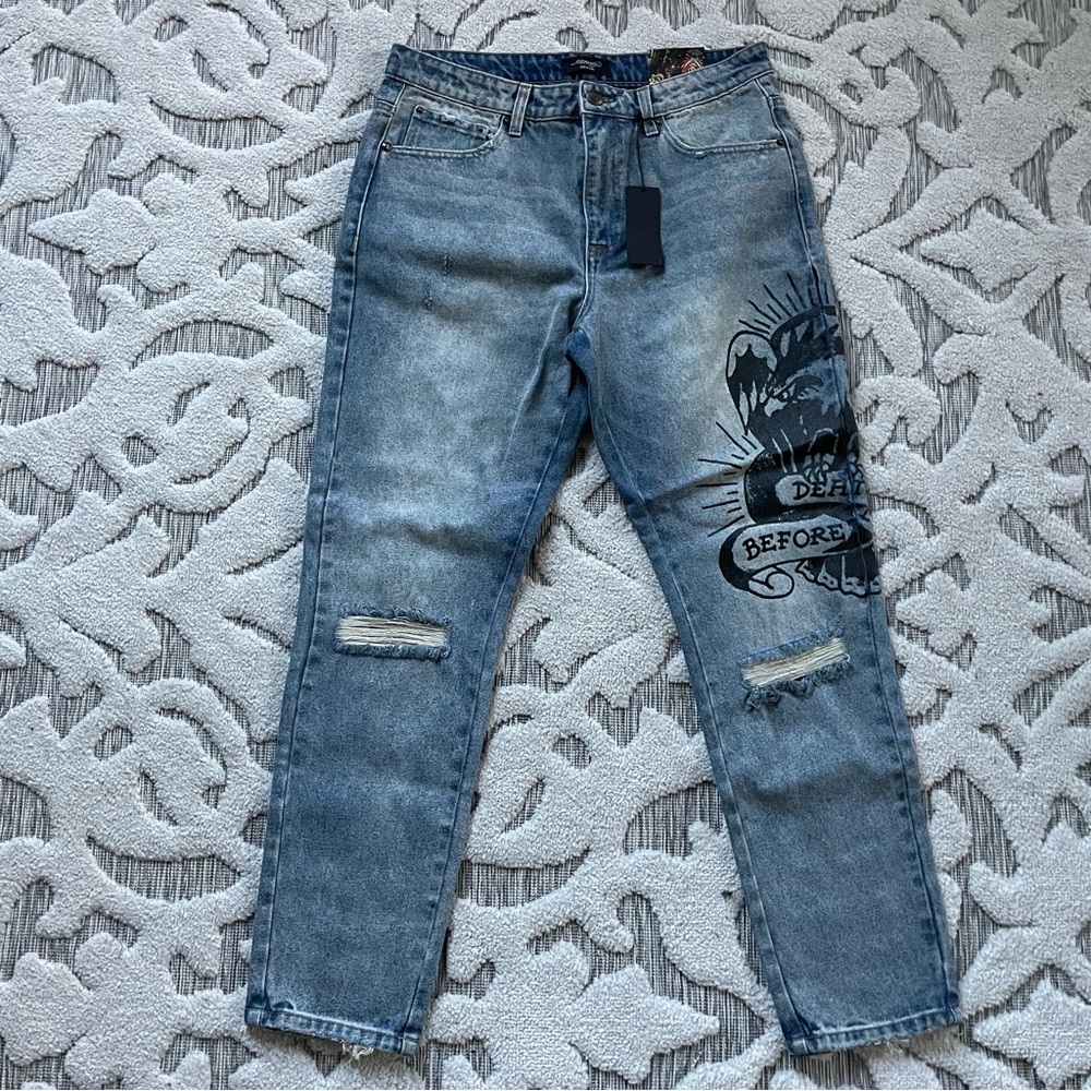 Ed Hardy Men's Distressed Denim Jeans Spellout Death Before Dishonor 32 X 29